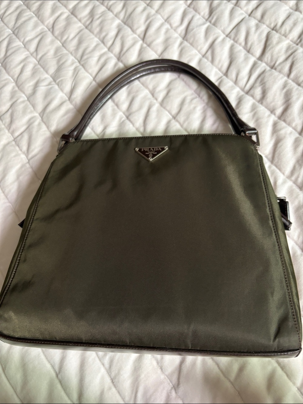 Prada Olive Nylon Top-Handle Satchel with Dark Brown Trim